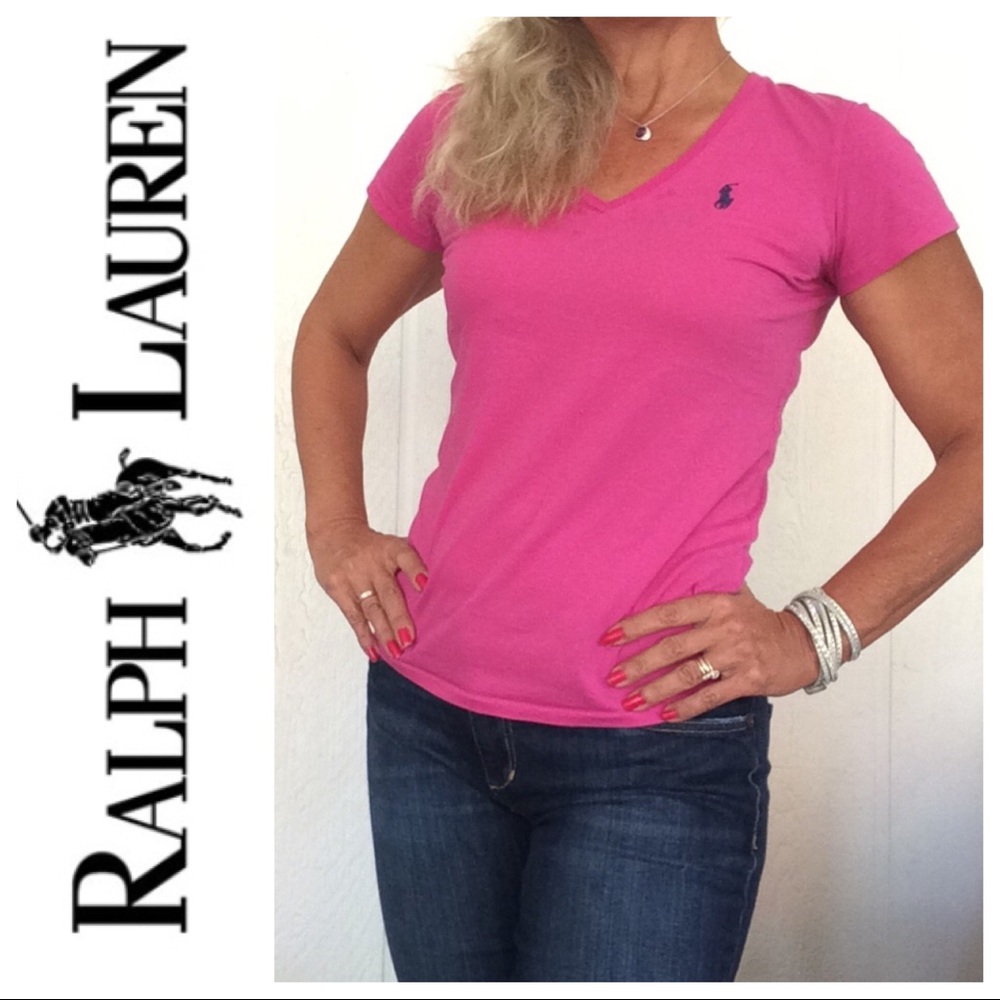 RALPH LAUREN V NECK HOT PINK POLO PONY TEE SHIRT SMALL